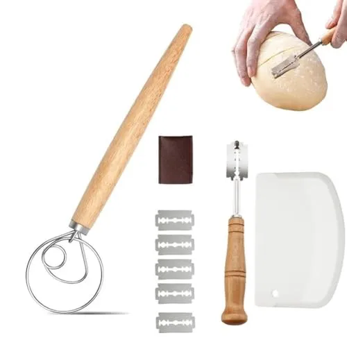 Bread Baking Tools Set 3PCS for Home Use – Dough Scoring Knife, White Dough Scraper, Double Loop Whisk for Flour Mixing, Bread Making and Baking Accessories