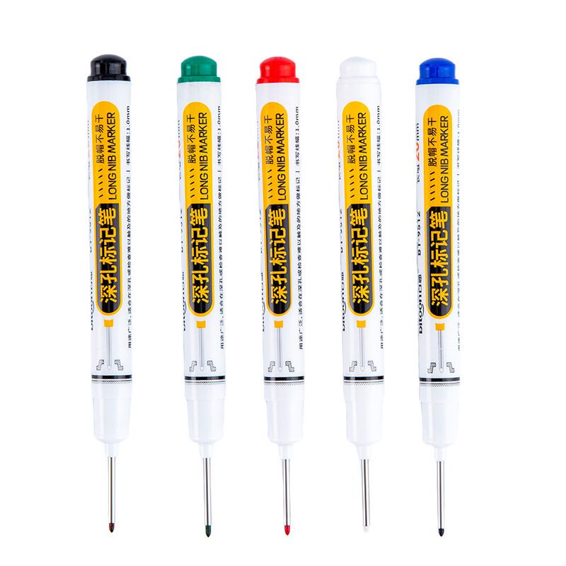 5pcs Deep Hole Marker Pens Long Head with Handle, Cap-Off Long Lasting Ink, Waterproof Construction Marking Pens Multi Color for Carpenter Woodworking Metal Concrete