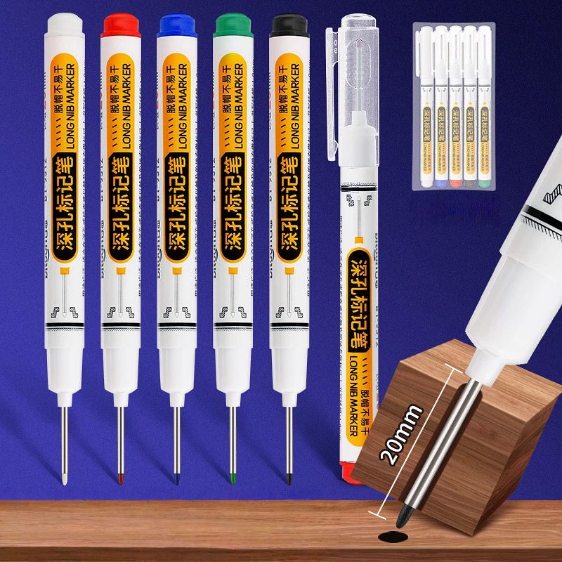 5pcs Deep Hole Marker Pens Long Head with Handle, Cap-Off Long Lasting Ink, Waterproof Construction Marking Pens Multi Color for Carpenter Woodworking Metal Concrete