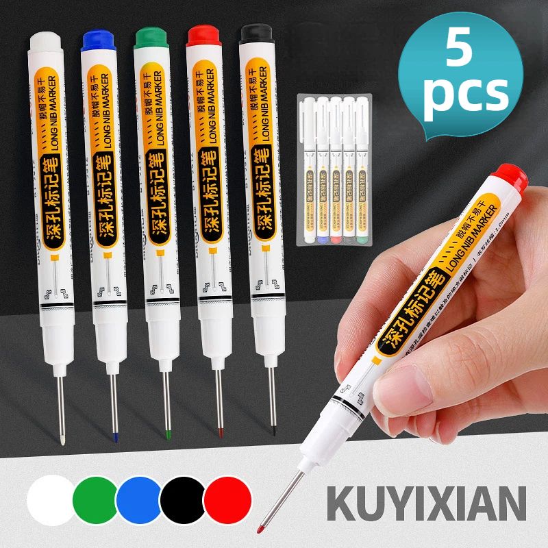 5pcs Deep Hole Marker Pens Long Head with Handle, Cap-Off Long Lasting Ink, Waterproof Construction Marking Pens Multi Color for Carpenter Woodworking Metal Concrete