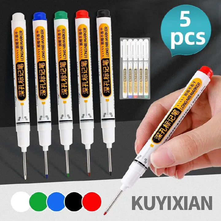 5pcs Deep Hole Marker Pens Long Head with Handle, Cap-Off Long Lasting Ink, Waterproof Construction Marking Pens Multi Color for Carpenter Woodworking Metal Concrete