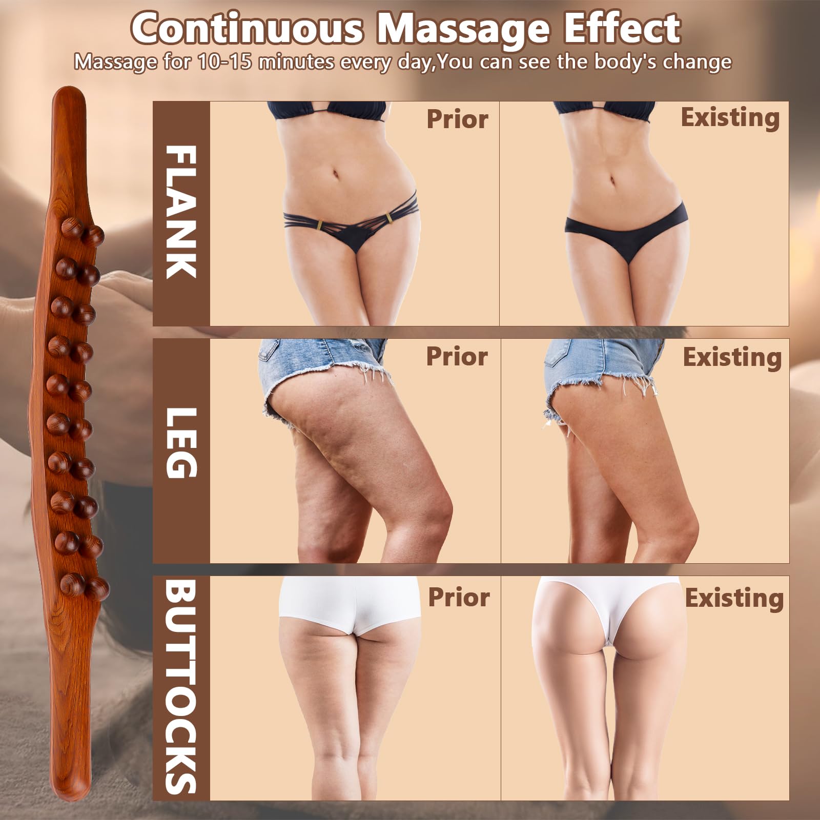 1PC Solid Wood Lymphatic Drainage Massage Roller Body Shaping Tool Manual Massage Stick for Slimming Toning Abdomen Waist Legs Neck Back Full Body Relaxation Pain Relief Home Use