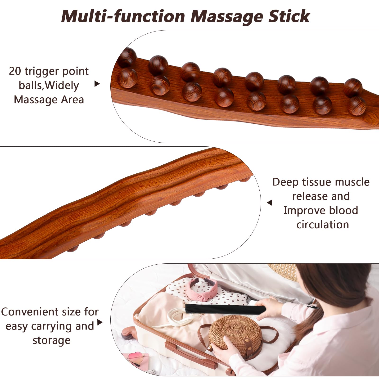 1PC Solid Wood Lymphatic Drainage Massage Roller Body Shaping Tool Manual Massage Stick for Slimming Toning Abdomen Waist Legs Neck Back Full Body Relaxation Pain Relief Home Use
