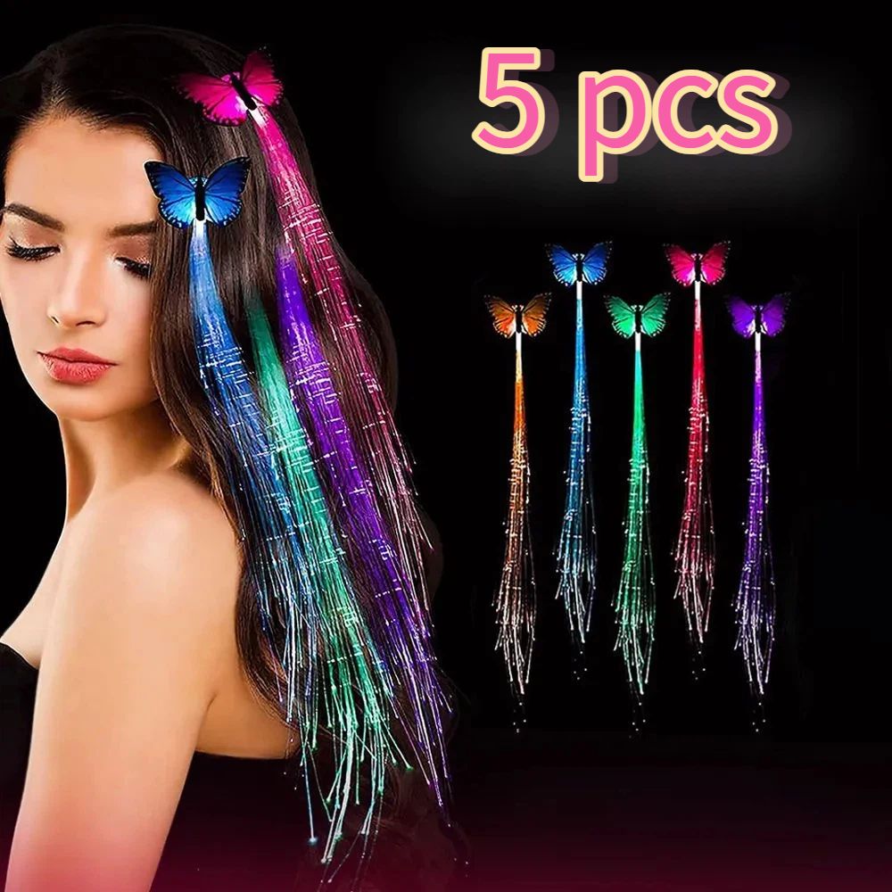 5PCS LED Light Up Butterfly Hair Braids Colorful Glowing Fiber Optic Hair Clips Flashing Luminous Hair Extension for Girls Kids Women Birthday Party Festival Night Dance Decoration