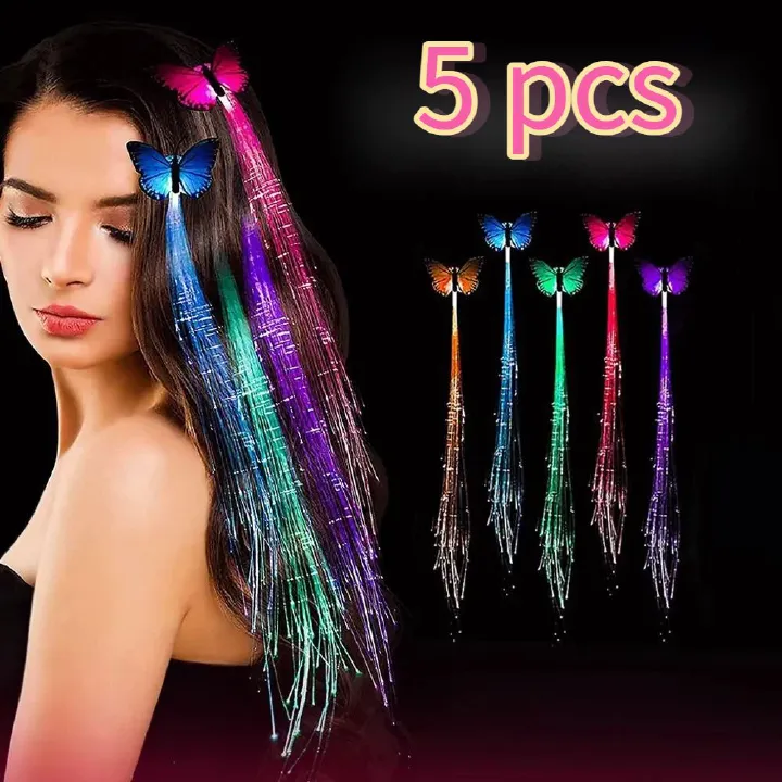5PCS LED Light Up Butterfly Hair Braids Colorful Glowing Fiber Optic Hair Clips Flashing Luminous Hair Extension for Girls Kids Women Birthday Party Festival Night Dance Decoration