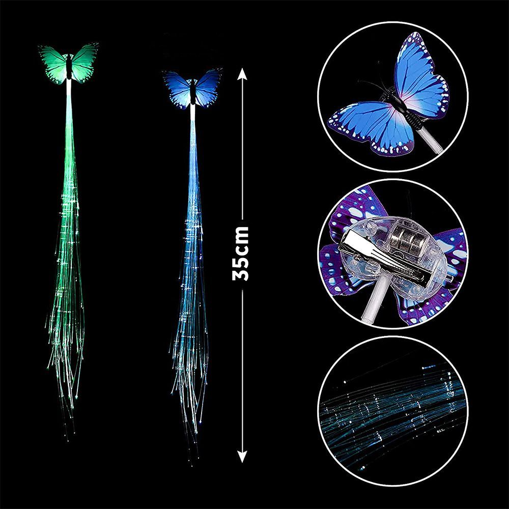 5PCS LED Light Up Butterfly Hair Braids Colorful Glowing Fiber Optic Hair Clips Flashing Luminous Hair Extension for Girls Kids Women Birthday Party Festival Night Dance Decoration