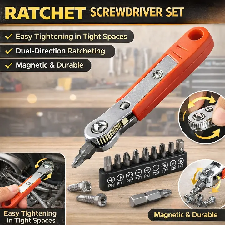 Ratchet Screwdriver Set Dual Direction Mini Ratchet Wrench Right Angle Screwdriver Magnetic Bit Driver with 10 Bits Compact Tool for Tight Spaces Car Repair Home Use
