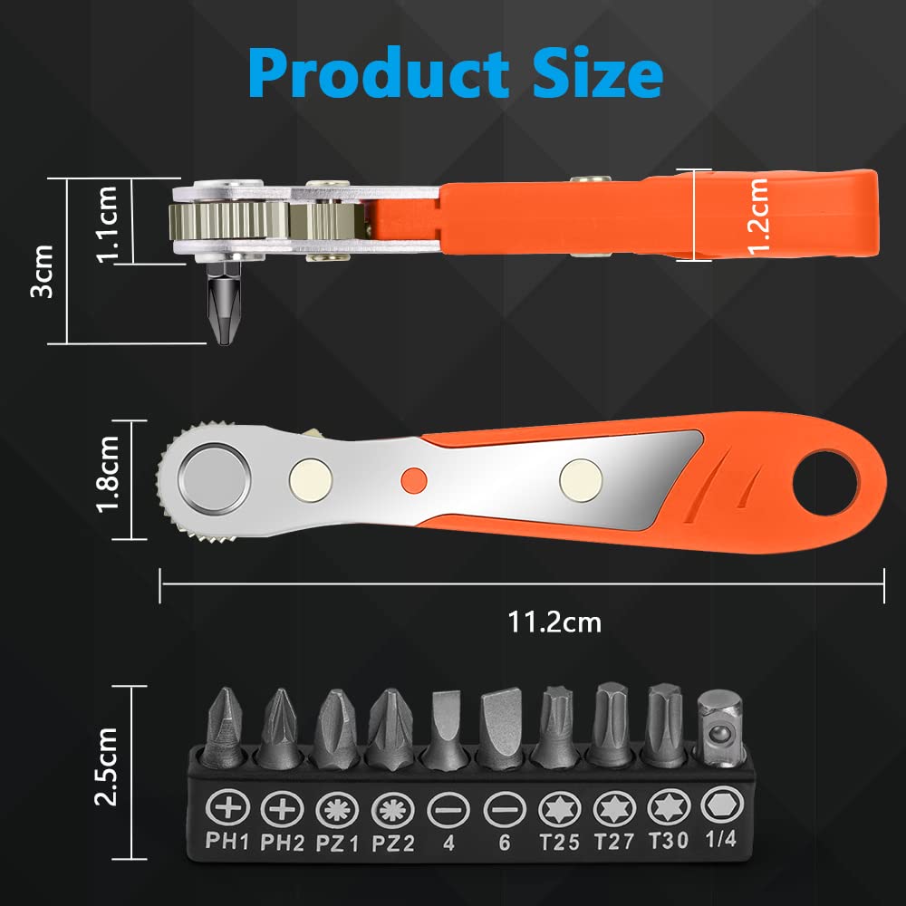 Ratchet Screwdriver Set Dual Direction Mini Ratchet Wrench Right Angle Screwdriver Magnetic Bit Driver with 10 Bits Compact Tool for Tight Spaces Car Repair Home Use