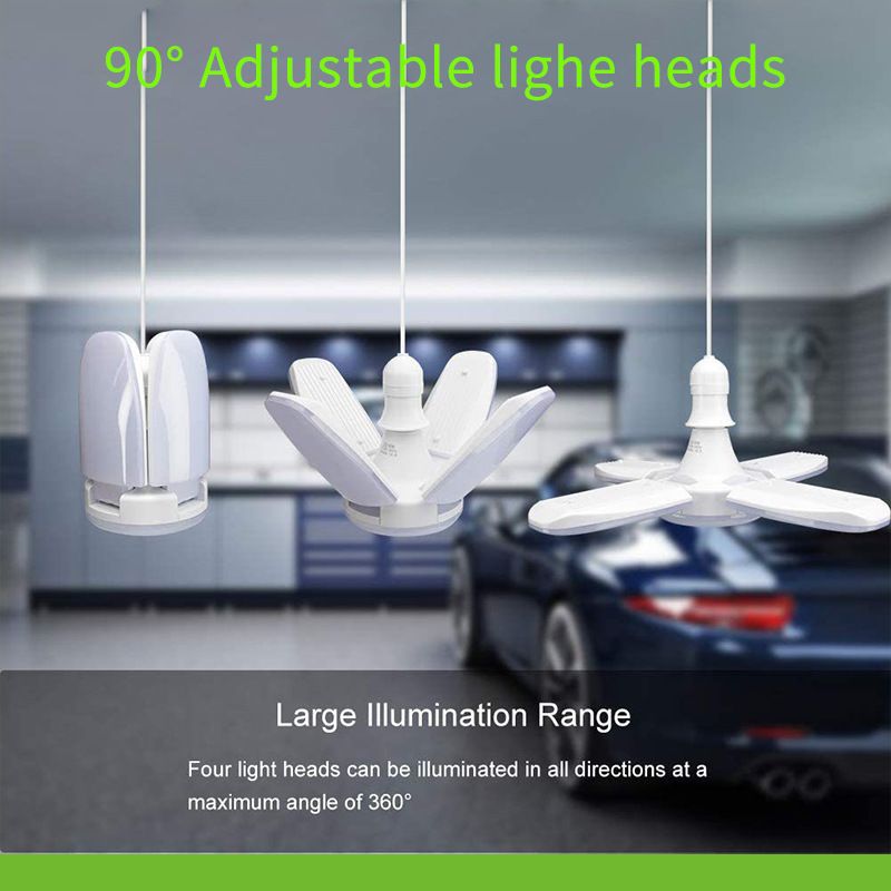 28W E27 LED Bulb Fan Blade Foldable Light Energy Saving Ceiling Lamp Bright Garage Light Timing LED Light Bulb Adjustable Panels for Home Indoor Lighting High Brightness Easy Install