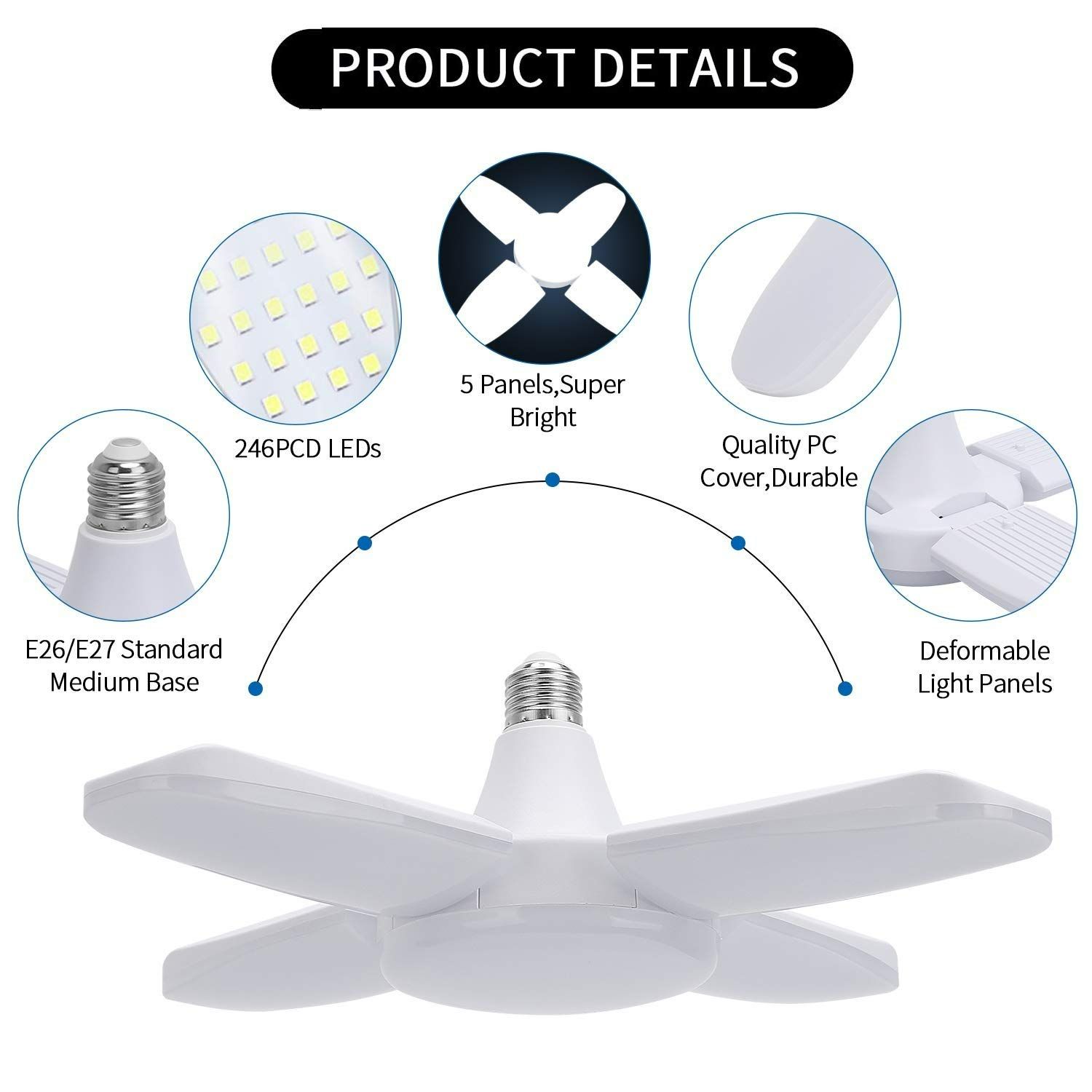 28W E27 LED Bulb Fan Blade Foldable Light Energy Saving Ceiling Lamp Bright Garage Light Timing LED Light Bulb Adjustable Panels for Home Indoor Lighting High Brightness Easy Install