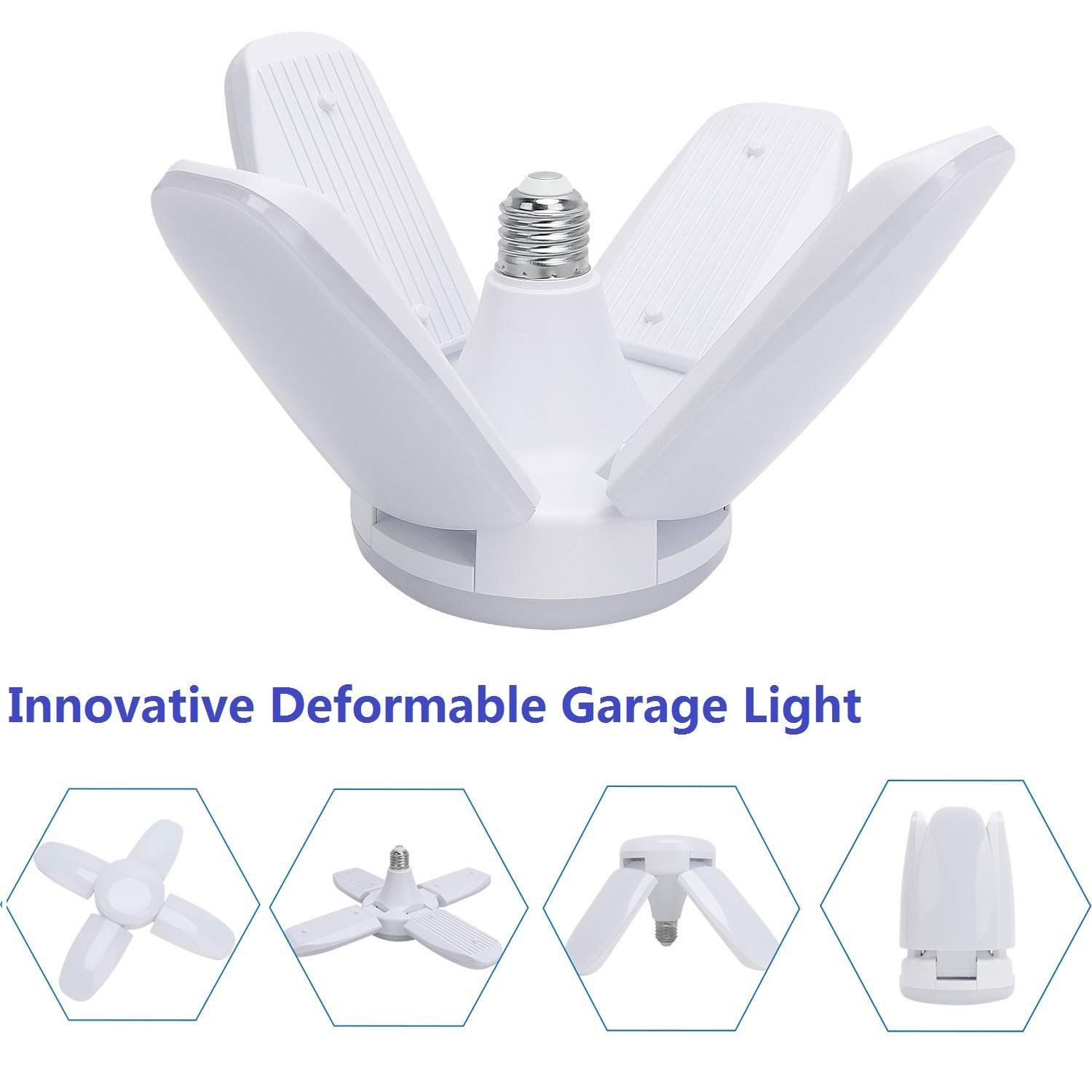 28W E27 LED Bulb Fan Blade Foldable Light Energy Saving Ceiling Lamp Bright Garage Light Timing LED Light Bulb Adjustable Panels for Home Indoor Lighting High Brightness Easy Install