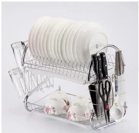 2 Layer Stainless Steel Dish Rack 2 Tier Kitchen Utensils Organizer