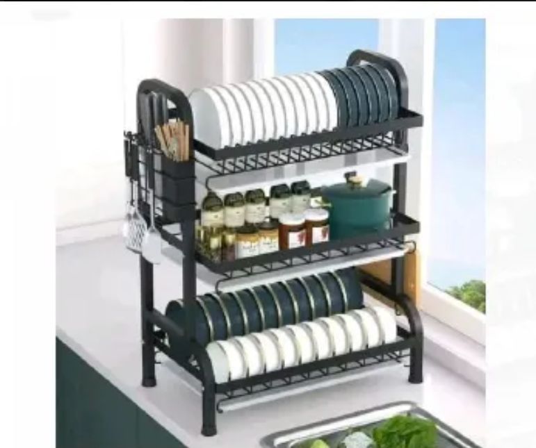 High Quality Heavy Duty Carbon Steel 3 Tier Dish Rack With Cutlery Holder 3 Layers Utensil Dish Drainer Kitchen Storage Organizer