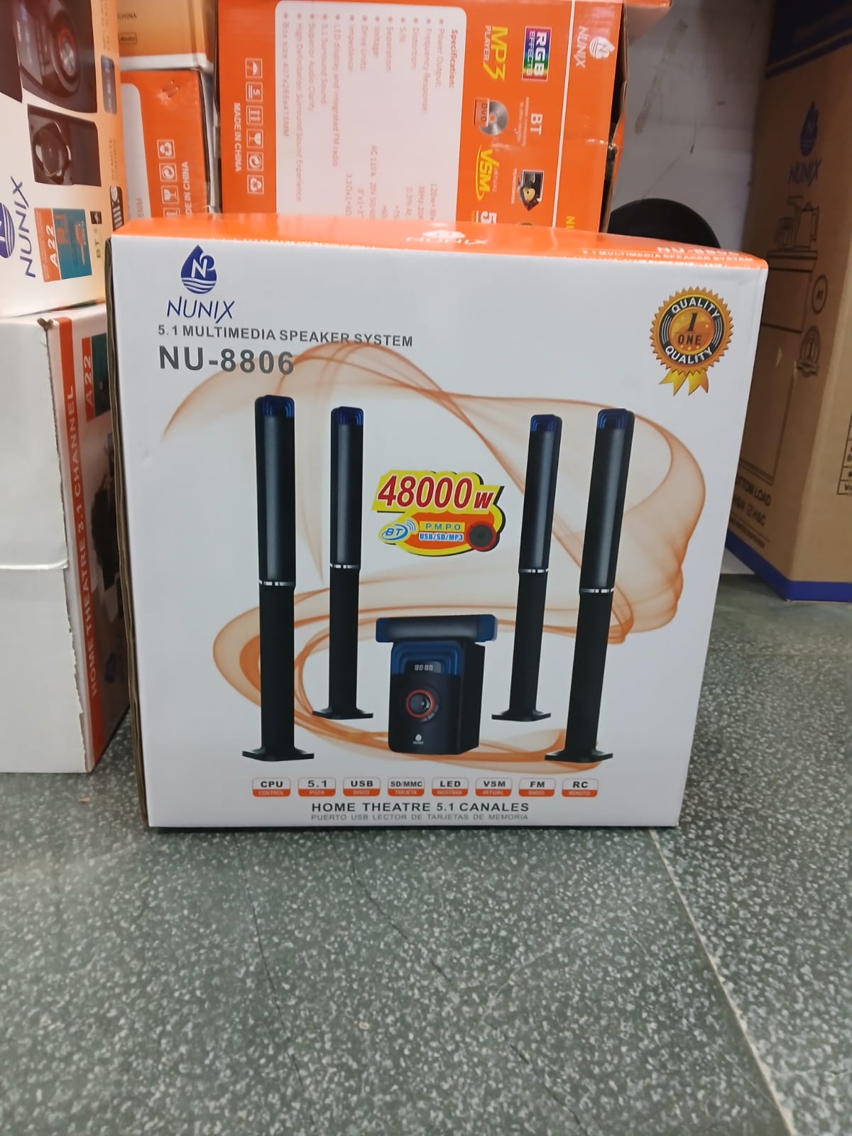 🎶 Nunix NU-8806 5.1CH Deluxe Home Theater System 🎧 Bluetooth 🎛️ USB 🔌 FM 📡 HiFi Sound 🔊 48000W PMPO 💥 Surround Sound 🔉 Remote Control 📱 Immersive Bass 🎬 Stylish Black Speakers