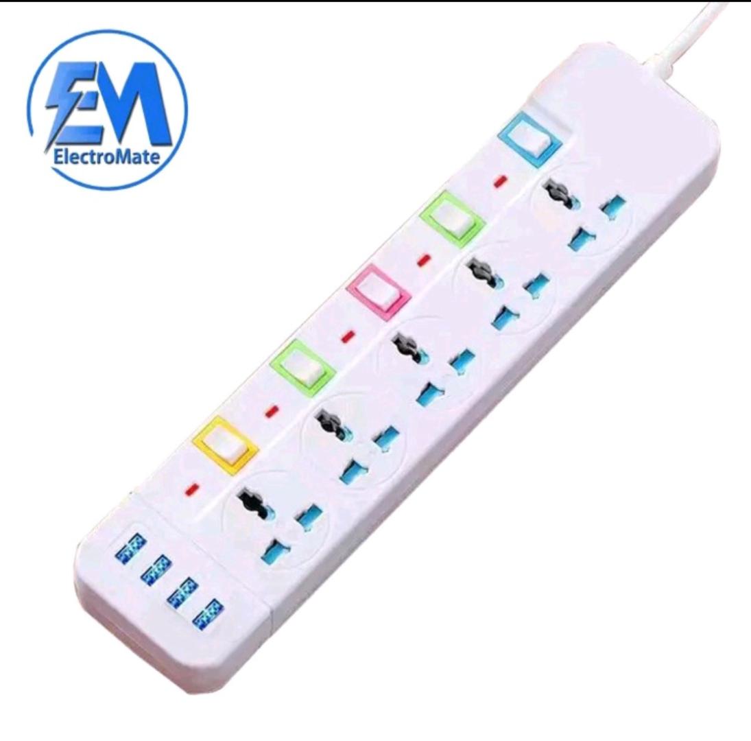 ElectroMate Power Cable Electric Power Extension with USB Ports, 5-Way Sockets, 4 USB Ports, and Independent Switches – For Home & Office Use