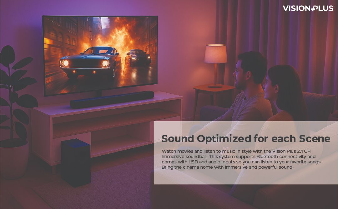 Vision Plus VP2113SB Soundbar Deep Bass 2.1 CH Sound Bar 360W Source input: BT/ USB/ OPTICAL/ HDMI/ AUX