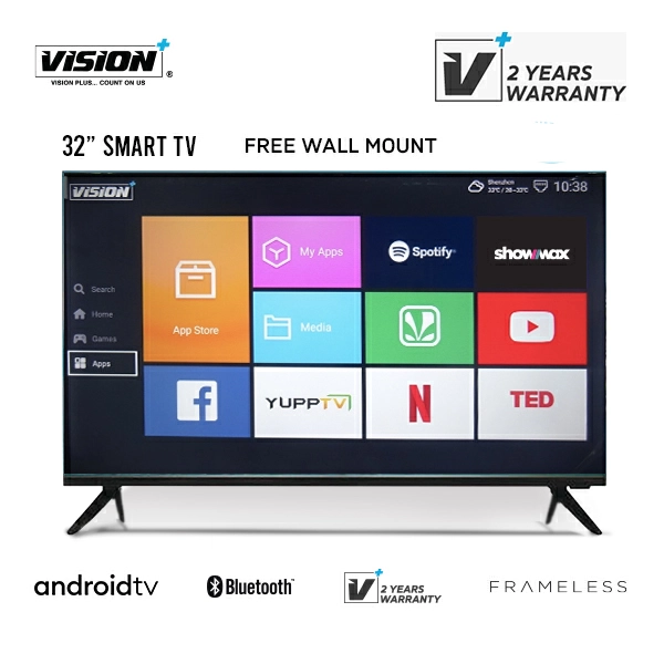 Vision Plus 32 inch tv Smart TV frameless VP8832SF 32" Frameless TVs Android , HD TV, DVB-T2 | S2, Televisions + FREE WALL BRACKET VP8832SF 2 years warranty quality audio televisions
