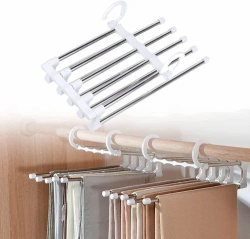5 IN 1 STAINLESS STEEL FOLDABLE SQUARE CLOTHES HANGER | MAGIC MULTI-LAYER SPACE SAVING  HANGER FOR WARDROBE | MULTIPURPOSE FOLDABLE TROUSER ORGANIZER RACK (WHITE, PACK OF 1)