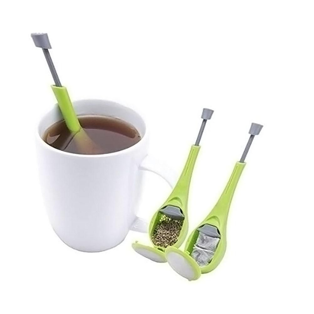 LONG-HANDLED TEA FILTERS PLASTIC TEA INFUSER FIME MESH WITH BUILT-IN PLUNGER REUSABLE TWO SIDES STRAINERS FOR LOOSE TEA/COFFEE/TEA BAG/HERBAL/SPICE PORTABLE TEAWARE ACCESSORIES, GREEN
