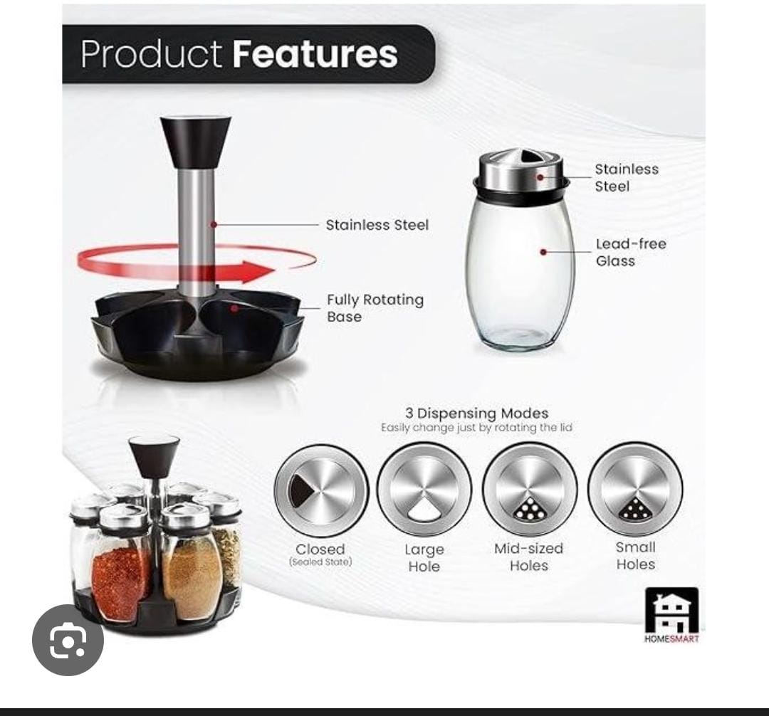 6PC SPINNING GLASS SPICE JARS - 360° ROTATING SPICE RACK ORGANIZER WITH JARS, STAINLESS STEEL REVOLVING SEASONING HOLDER JARS FOR COUNTERTOP CABINET KITCHEN SPICES CRUETS