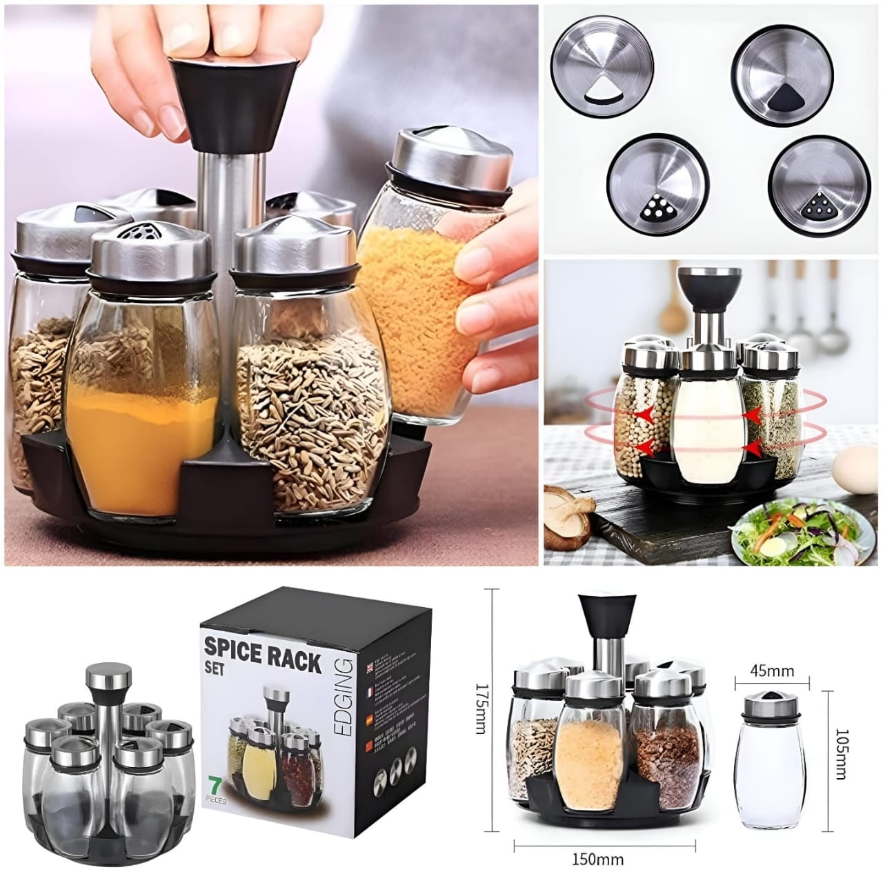 6PC SPINNING GLASS SPICE JARS - 360° ROTATING SPICE RACK ORGANIZER WITH JARS, STAINLESS STEEL REVOLVING SEASONING HOLDER JARS FOR COUNTERTOP CABINET KITCHEN SPICES CRUETS
