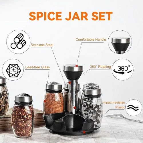 6PC SPINNING GLASS SPICE JARS - 360° ROTATING SPICE RACK ORGANIZER WITH JARS, STAINLESS STEEL REVOLVING SEASONING HOLDER JARS FOR COUNTERTOP CABINET KITCHEN SPICES CRUETS