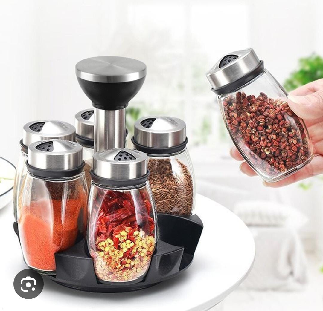 6PC SPINNING GLASS SPICE JARS - 360° ROTATING SPICE RACK ORGANIZER WITH JARS, STAINLESS STEEL REVOLVING SEASONING HOLDER JARS FOR COUNTERTOP CABINET KITCHEN SPICES CRUETS