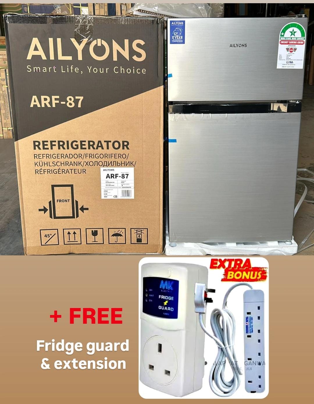 AILYONS 90L DOUBLE DOOR REFRIGERATOR + FREE FRIDGE GUARD & EXTENSION | Compact, Energy Efficient, Stylish