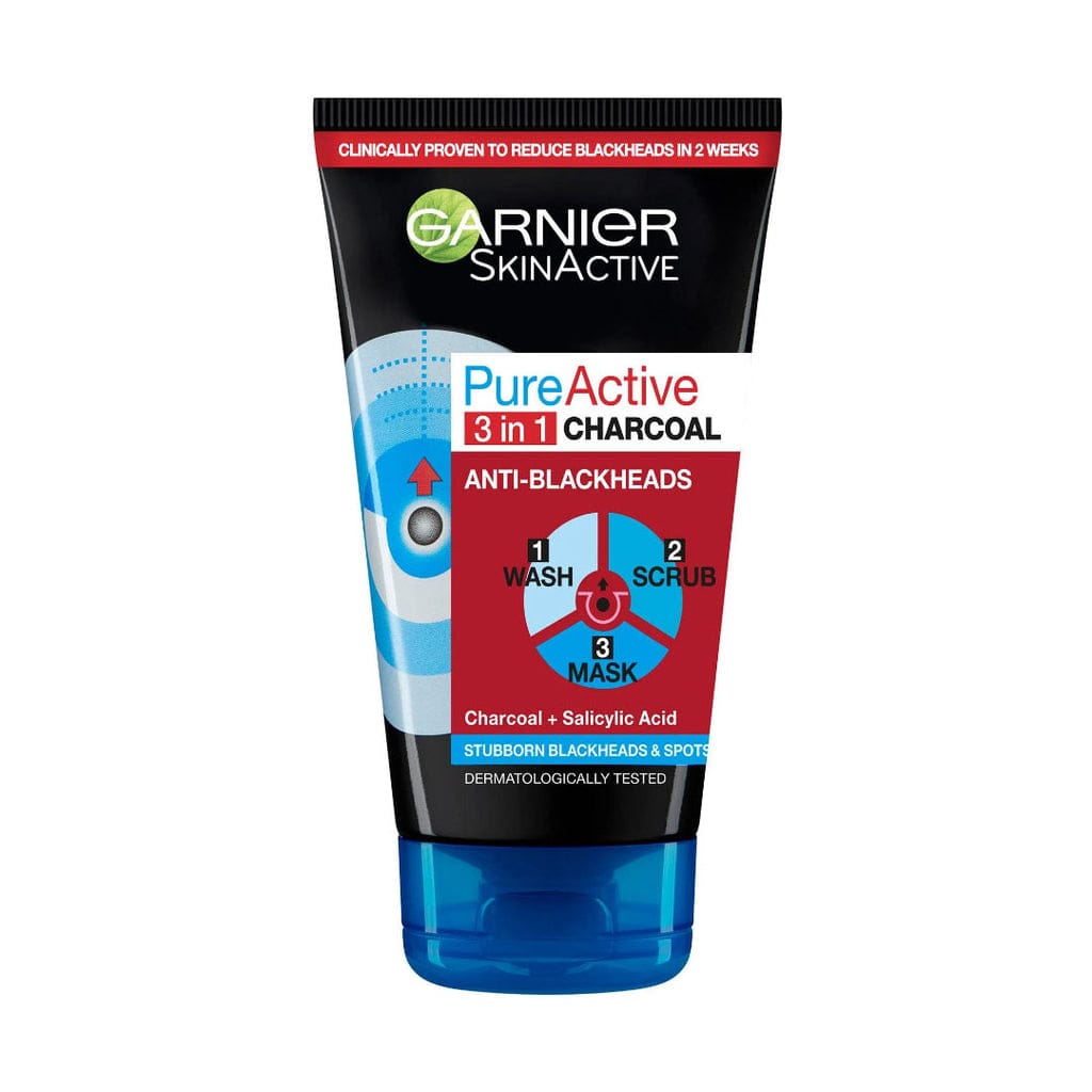 Garnier Skin Active Pure Active 3-in-1 Charcoal Anti-Blackhead Wash, Scrub, Mask, with BHA (Salycilic Acid) and Charcoal for Acne Prone Skin and Blackheads100 ml