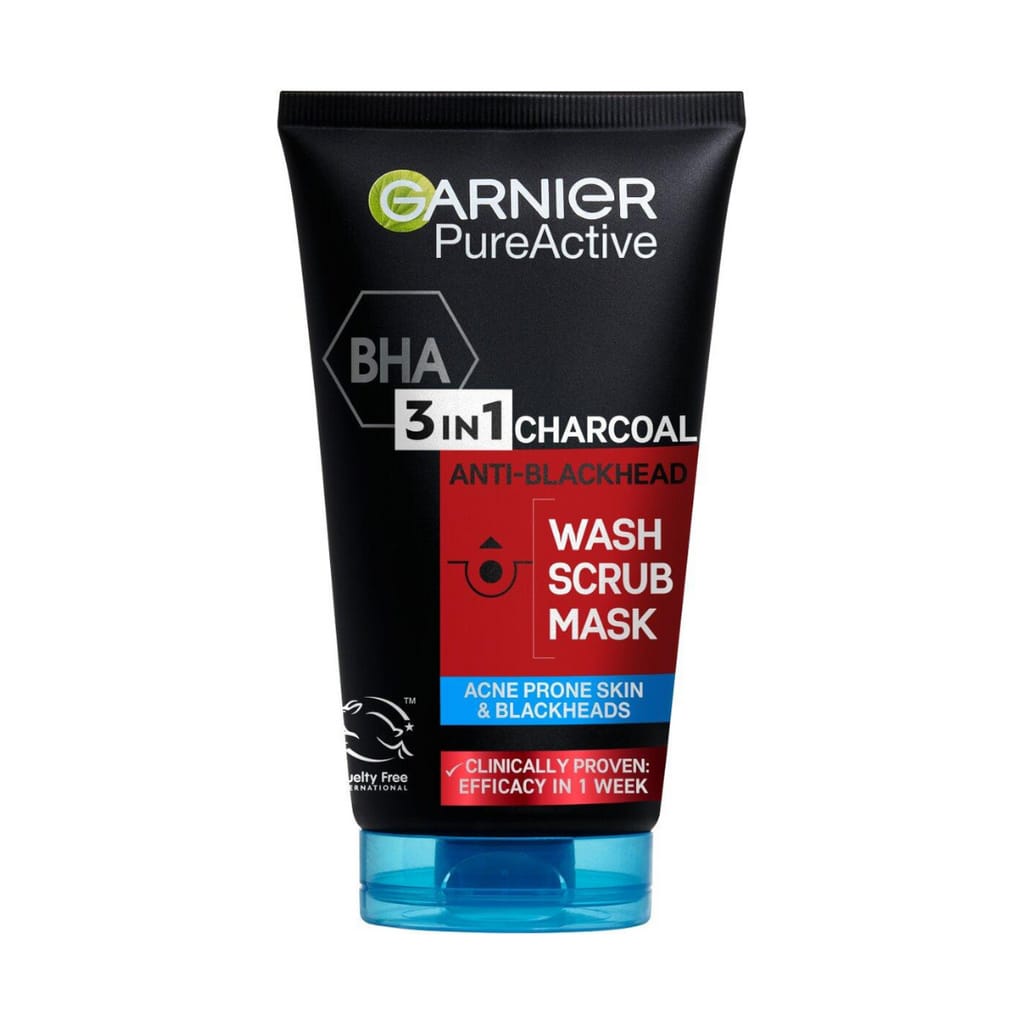 Garnier Skin Active Pure Active 3-in-1 Charcoal Anti-Blackhead Wash, Scrub, Mask, with BHA (Salycilic Acid) and Charcoal for Acne Prone Skin and Blackheads100 ml