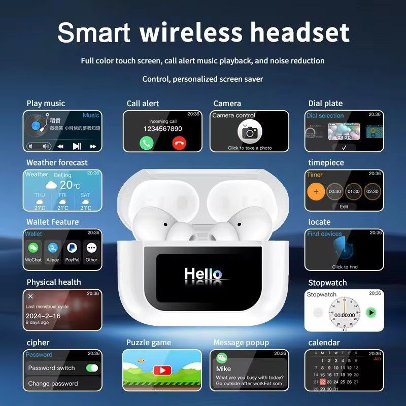 GreatMall® A9 Pro ANC Wireless Earbuds Bluetooth 5.3 Earphones App Noise-canceling Earpods Call Headphones Waterproof Sports Gaming Touch Screen Headset