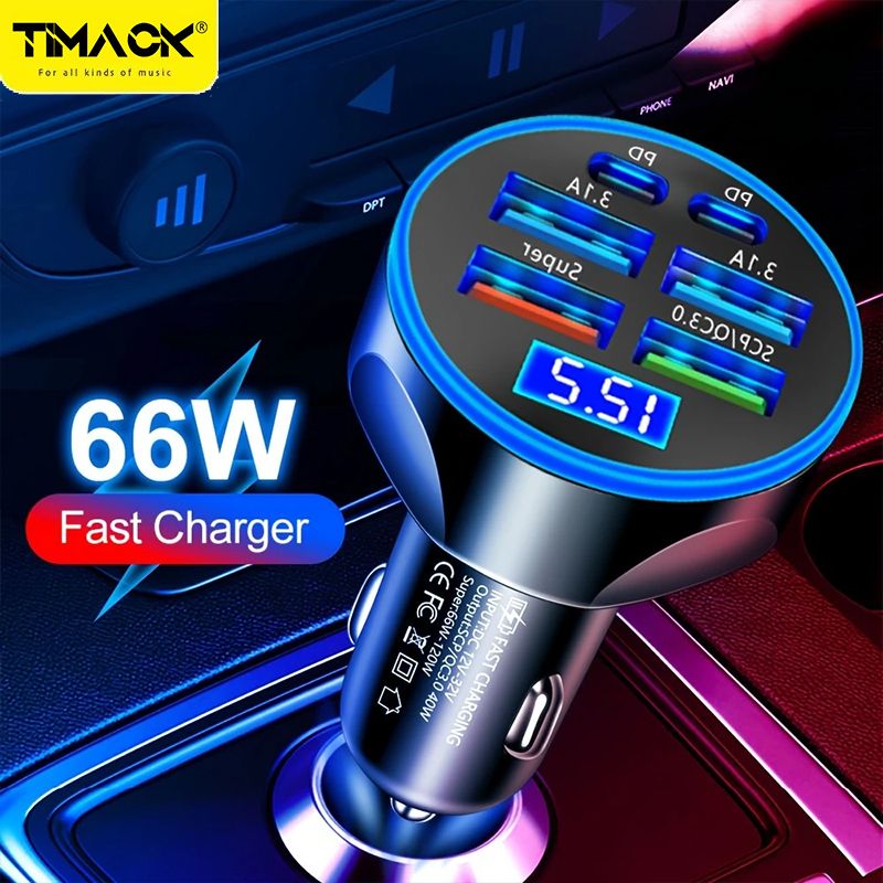 TIMACK® 6-in-1 Car Charger Fast Charging Car Adapter 3.1A Dual Type-C Digital Display Smartphones Tablets Power Banks Portable Charger for iPhone Samsung Xiaomi