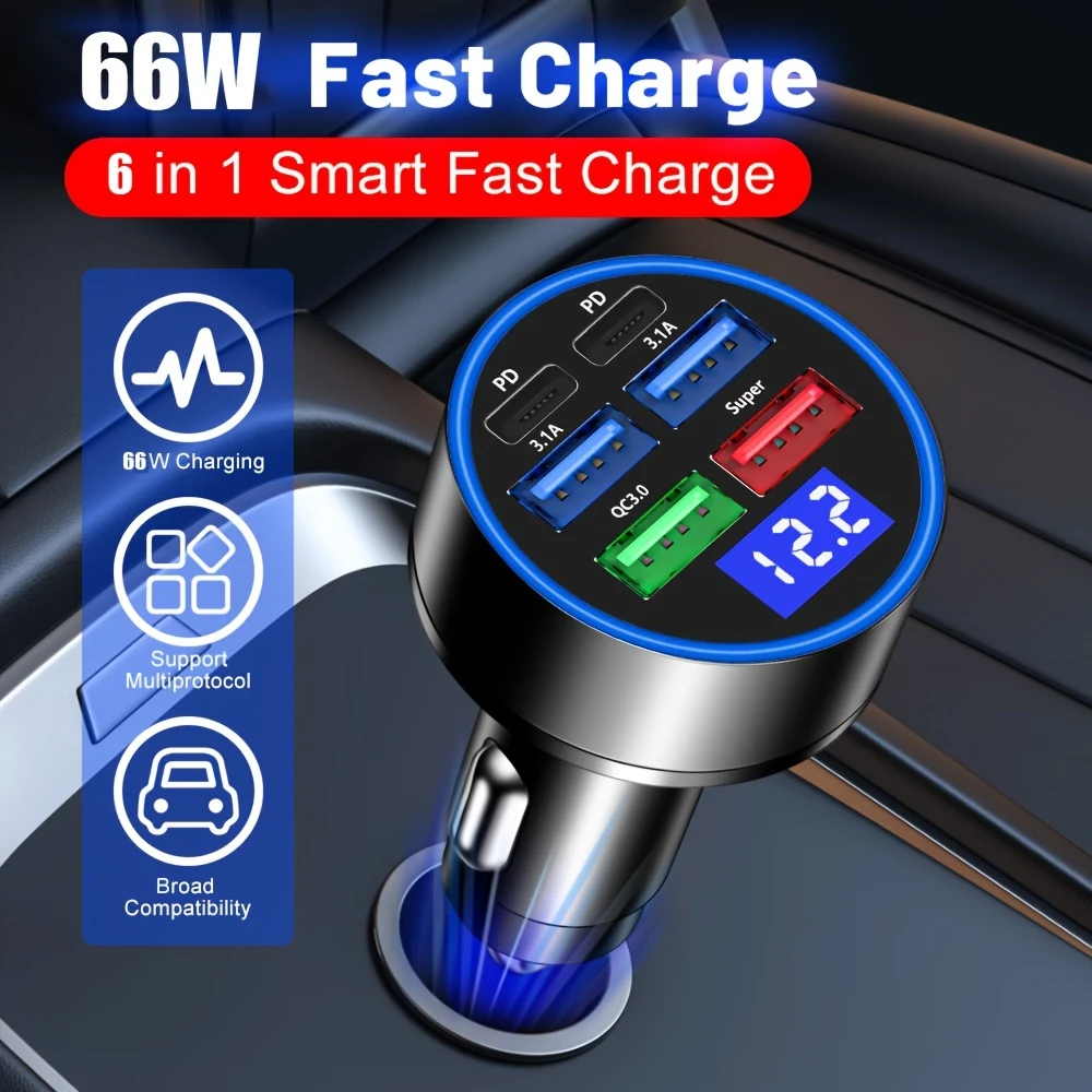 TIMACK® 6-in-1 Car Charger Fast Charging Car Adapter 3.1A Dual Type-C Digital Display Smartphones Tablets Power Banks Portable Charger for iPhone Samsung Xiaomi