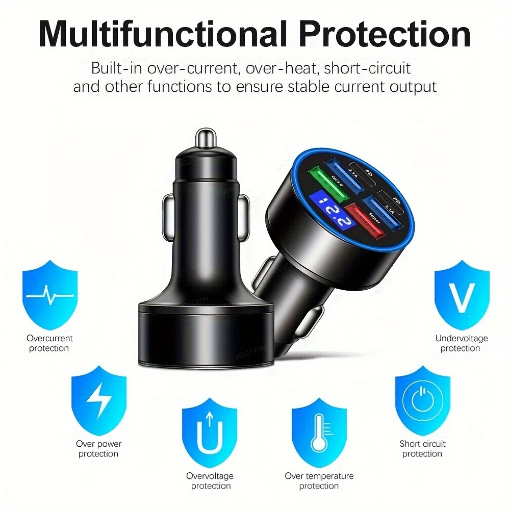 TIMACK® 6-in-1 Car Charger Fast Charging Car Adapter 3.1A Dual Type-C Digital Display Smartphones Tablets Power Banks Portable Charger for iPhone Samsung Xiaomi