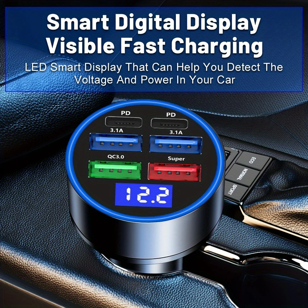 TIMACK® 6-in-1 Car Charger Fast Charging Car Adapter 3.1A Dual Type-C Digital Display Smartphones Tablets Power Banks Portable Charger for iPhone Samsung Xiaomi