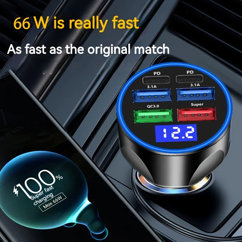 TIMACK® 6-in-1 Car Charger Fast Charging Car Adapter 3.1A Dual Type-C Digital Display Smartphones Tablets Power Banks Portable Charger for iPhone Samsung Xiaomi