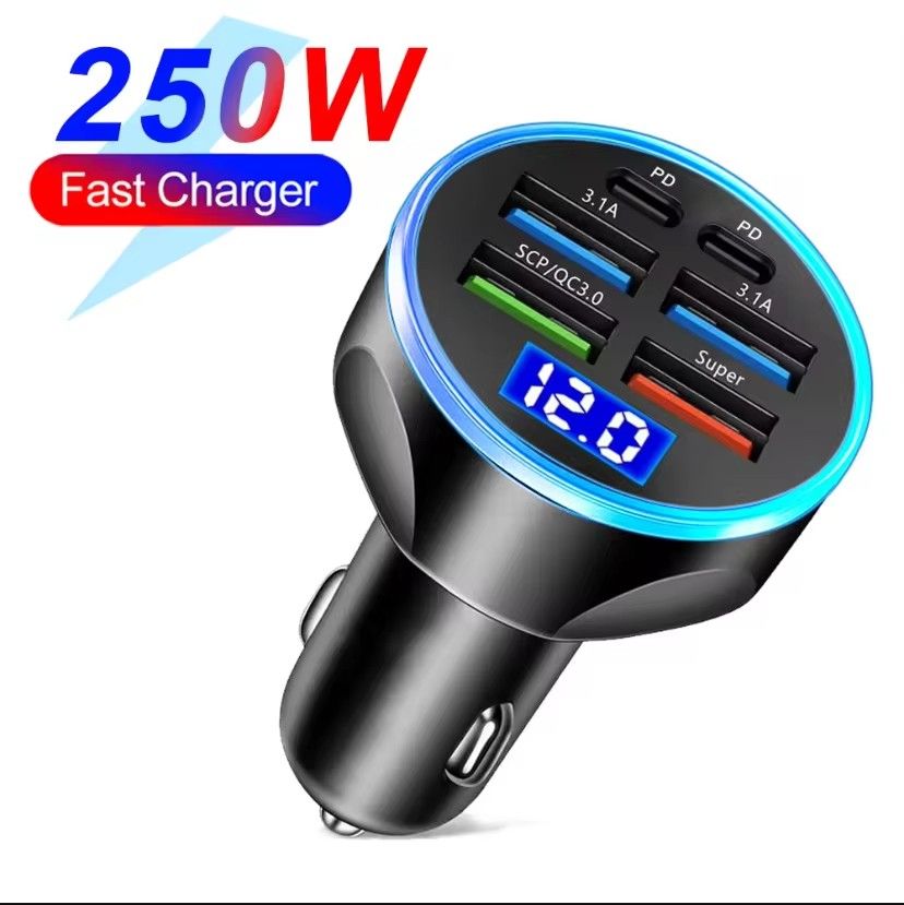 TIMACK® 6-in-1 Car Charger Fast Charging Car Adapter 3.1A Dual Type-C Digital Display Smartphones Tablets Power Banks Portable Charger for iPhone Samsung Xiaomi