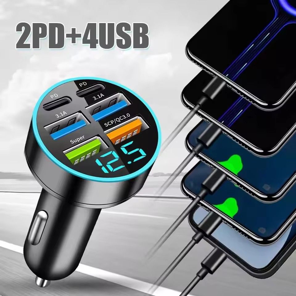 TIMACK® 6-in-1 Car Charger Fast Charging Car Adapter 3.1A Dual Type-C Digital Display Smartphones Tablets Power Banks Portable Charger for iPhone Samsung Xiaomi