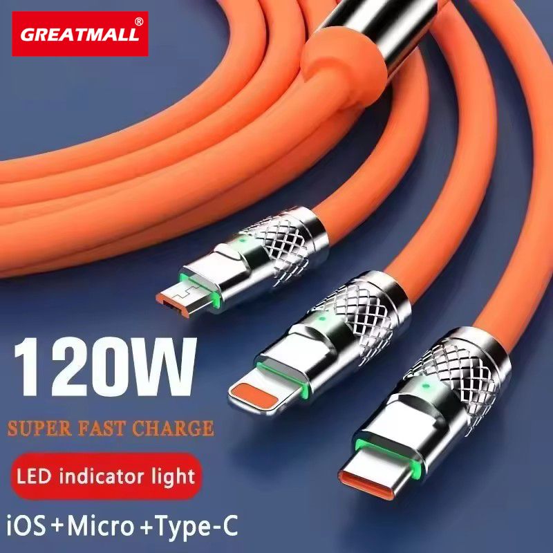 GreatMall® 3 in 1 120W 6A Fast Charging Type C Cable Micro USB for iPhone Charging Cable for Samsung Huawei Xiaomi Phone Charger USB Cable
