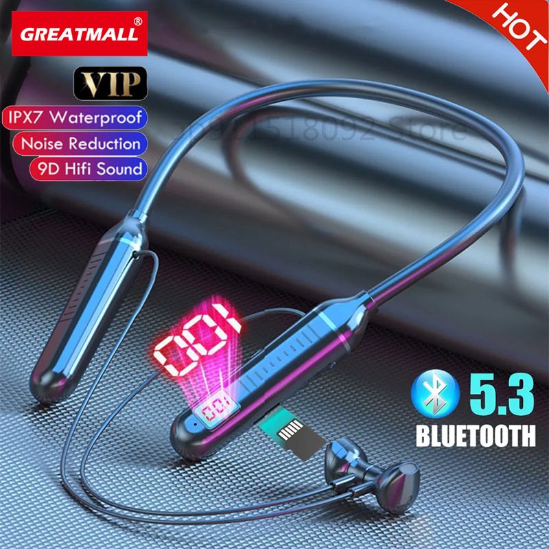 GreatMall® Wireless Earphones Bluetooth 5.3 Neckband Headphones Gaming LED Display HIFI Headset Sports TWS Earbuds With Mic TF Card