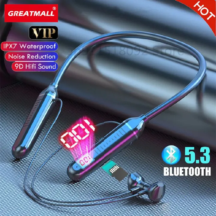 GreatMall® Wireless Earphones Bluetooth 5.3 Neckband Headphones Gaming LED Display HIFI Headset Sports TWS Earbuds With Mic TF Card