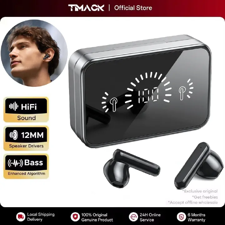 TIMACK S20 Wireless Bluetooth Earphone Noise Cancelling Earpods LED Power Digital Display 5.3 HIFI Stereo Earbuds