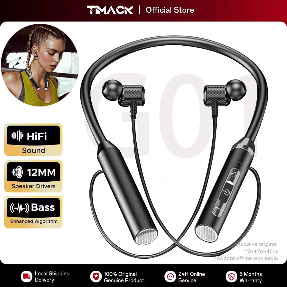 TIMACK G01 Wireless Bluetooth Earphones TWS 9D Stereo Surround Headphone Magnetic Sport Neckband Headset Neck-hanging Earbuds with Mic