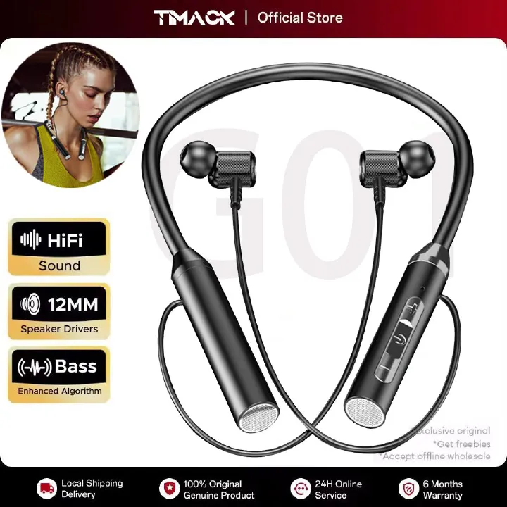 TIMACK G01 Wireless Bluetooth Earphones TWS 9D Stereo Surround Headphone Magnetic Sport Neckband Headset Neck-hanging Earbuds with Mic
