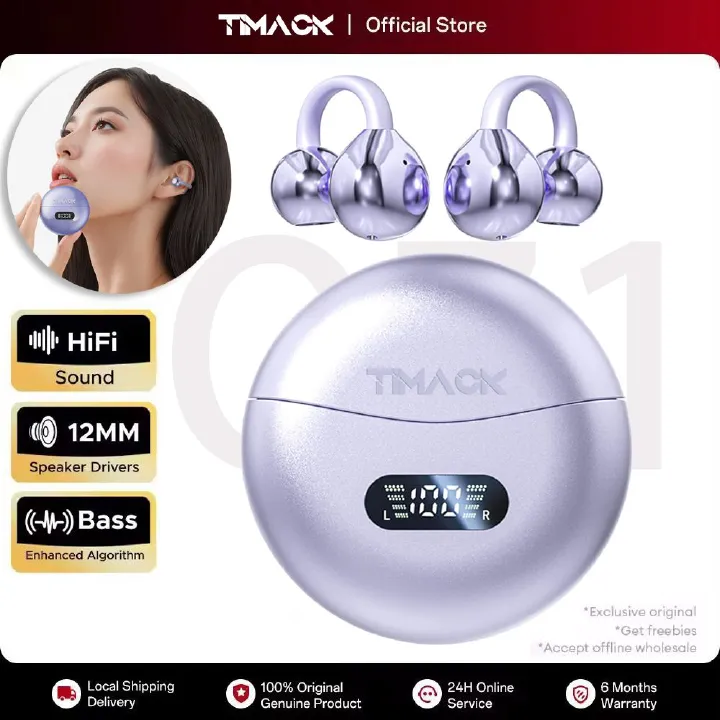 TIMACK New Bone Conduction Wireless Earbuds Bluetooth Earphone Clip-on High Sound Quality Earpods Led Display Headphones Music Sports Headset