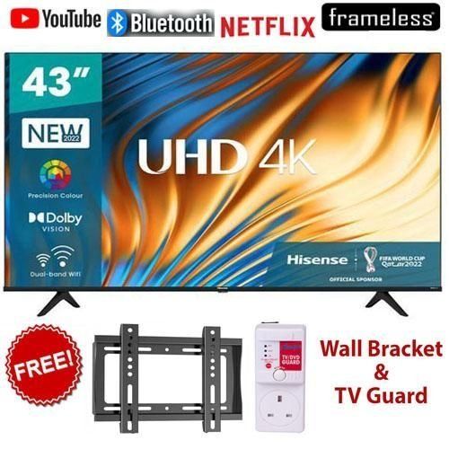 Hisense 43A6K- 43" Inch FRAMELESS SMART TV,BLUETOOTH-ENABLED,4K ULTRA HD TV,NETFLIX,YOUTUBE+2 YEARS WARRANTY+FREE WALL BRACKET+TV GUARD