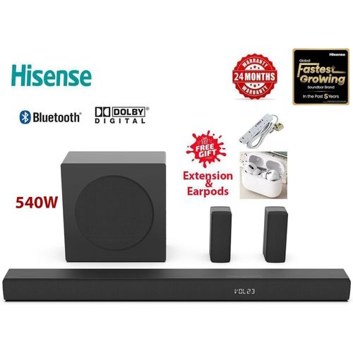 CLEARANCE OFFER !!!! Hisense Soundbar HS5100 Surround sound system 5.1, 540W Total Output Power, 6.5” Wireless subwoofer, Rear surround speakers, Dolby Digital Plus+ FREE GIFTS.