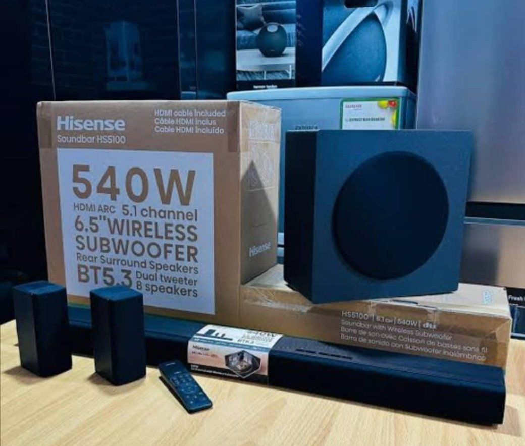 CLEARANCE OFFER !!!! Hisense Soundbar HS5100 Surround sound system 5.1, 540W Total Output Power, 6.5” Wireless subwoofer, Rear surround speakers, Dolby Digital Plus+ FREE GIFTS.