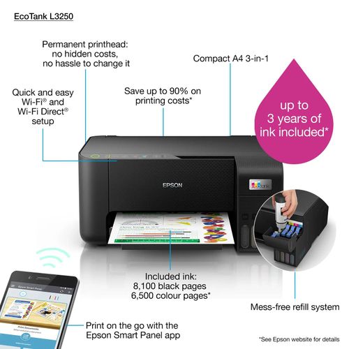 Brand New Epson Printer | Epson L3250 ECOTANK Printer Black in Color, Print, Scan, Copy and Wireless| All in one Office Printer | Portable and Easy to Install and Print With FREE A4 REAM Papers
