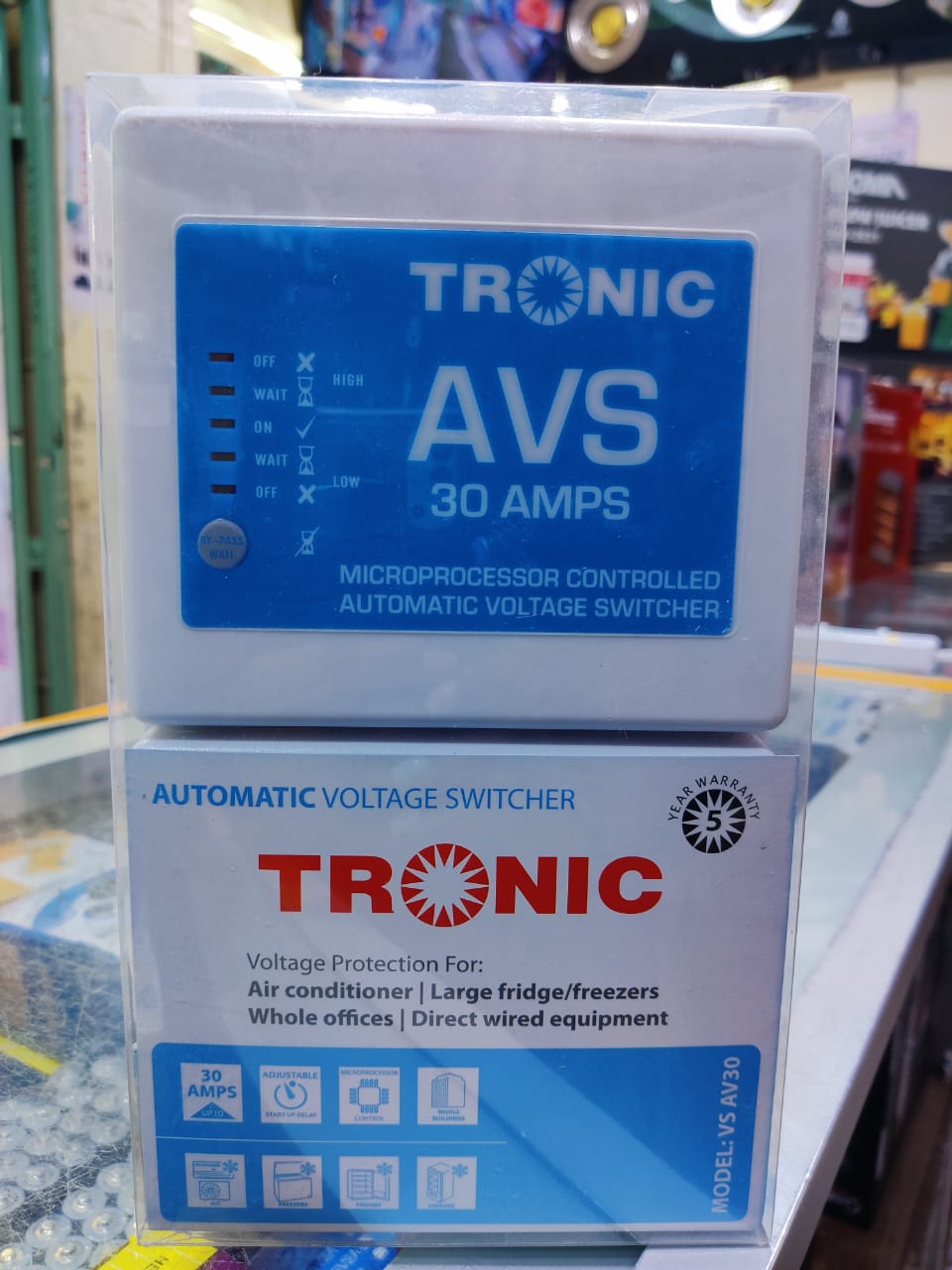 The Tronic AVS 30 Amps (AVS30) Surge Protector heavy-duty automatic voltage switcher__ designed to protect large appliances and entire circuits from unstable power.